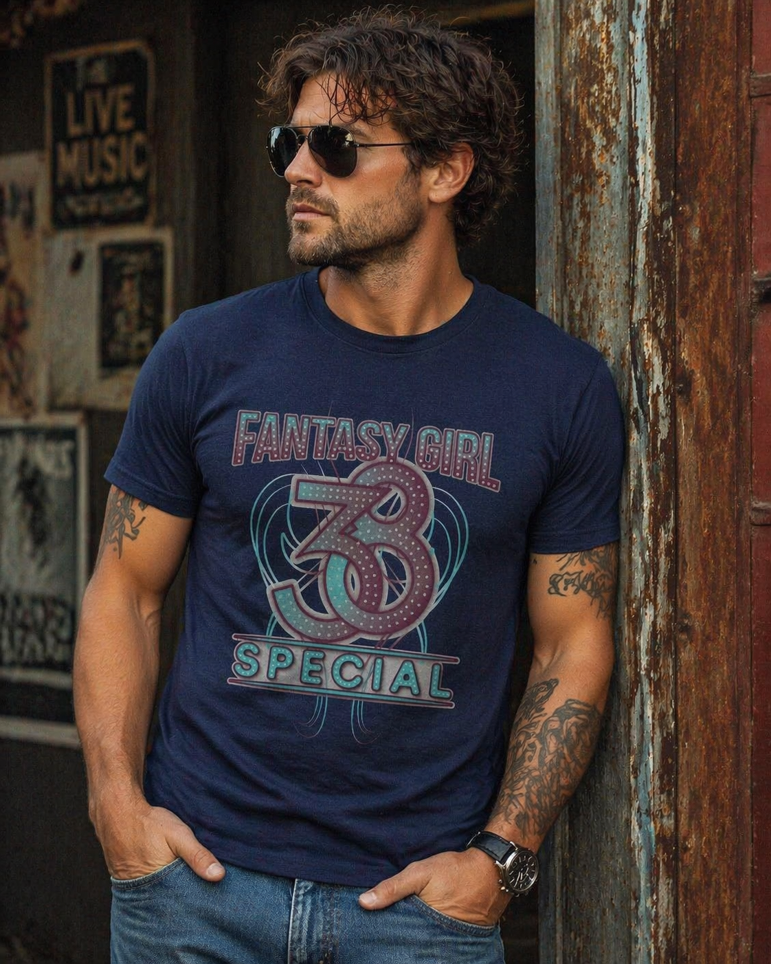 male model wearing 38 Special Fantasy Girl navy t shirt band graphic lifestyle image