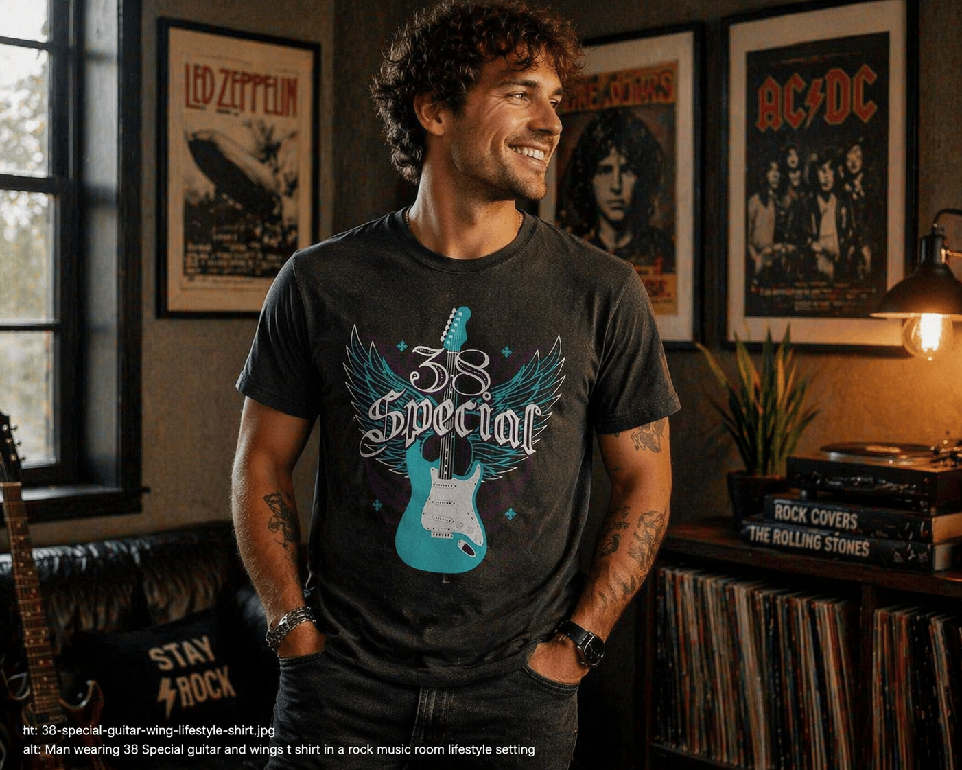 Man wearing 38 Special guitar wings t shirt in rock music room lifestyle setting