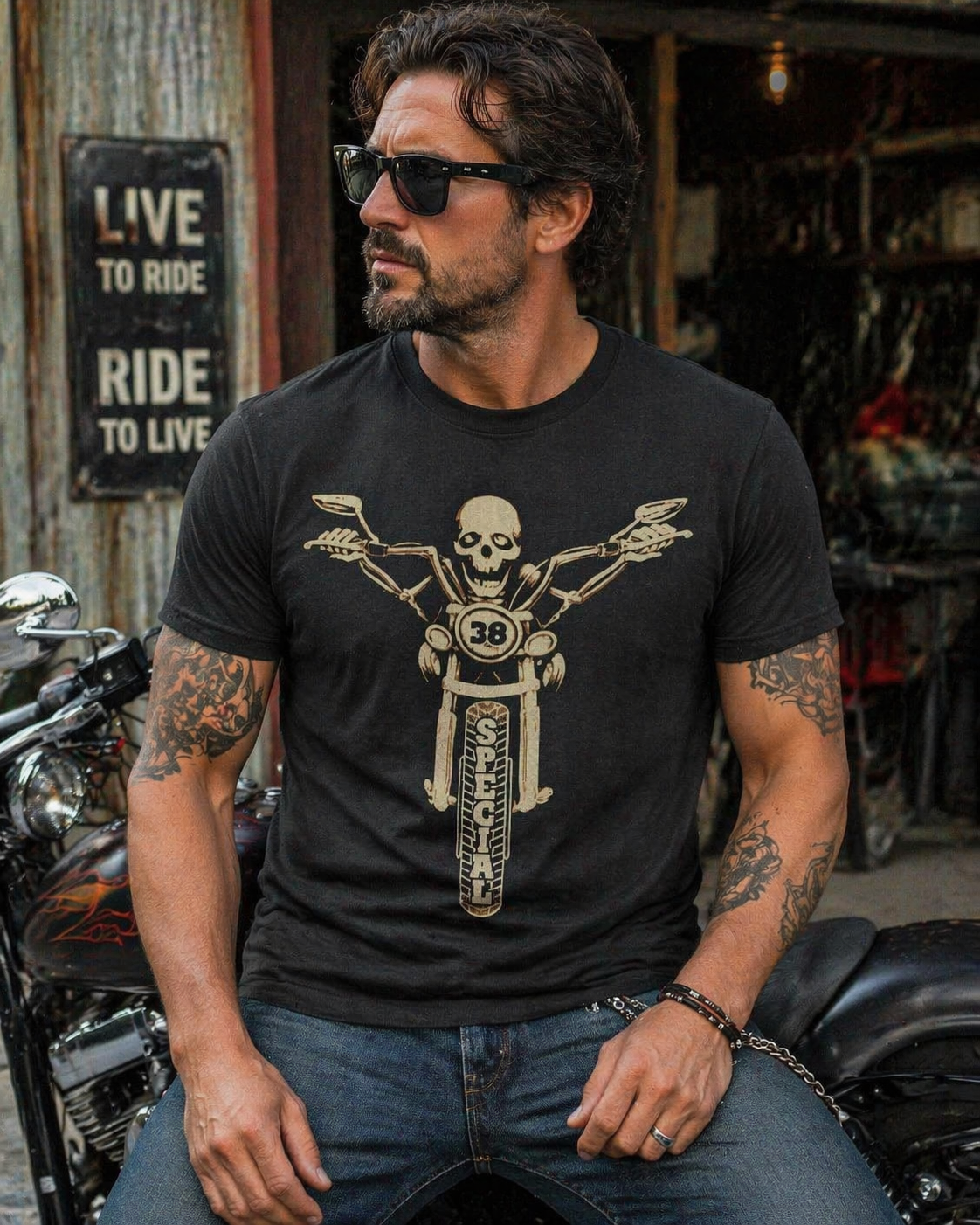 male model wearing 38 special skeleton on bike t shirt black southern rock biker graphic tee
