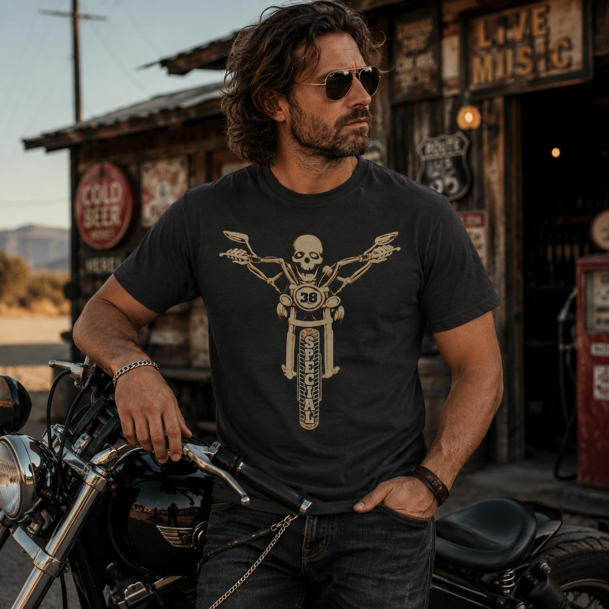 Male model wearing a black 38 Special Skeleton Bike T-Shirt while leaning on a custom motorcycle outside a rustic roadside garage, showcasing Southern rock biker style and officially licensed 38 Special band merchandise.