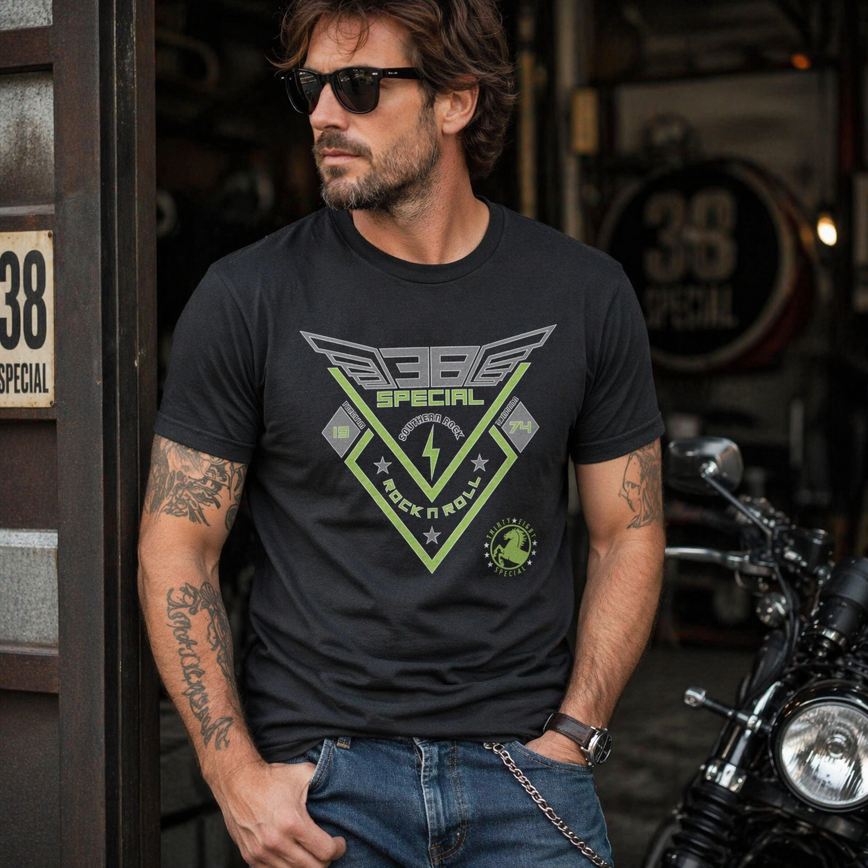 male model wearing 38 Special Southern Rock and Roll 74 t shirt black vintage band tee biker style