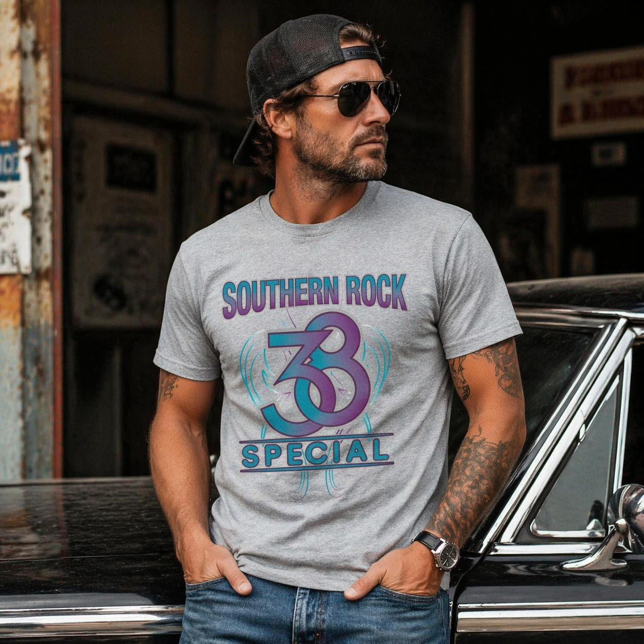 male model wearing 38 Special southern rock grey t shirt band graphic lifestyle image