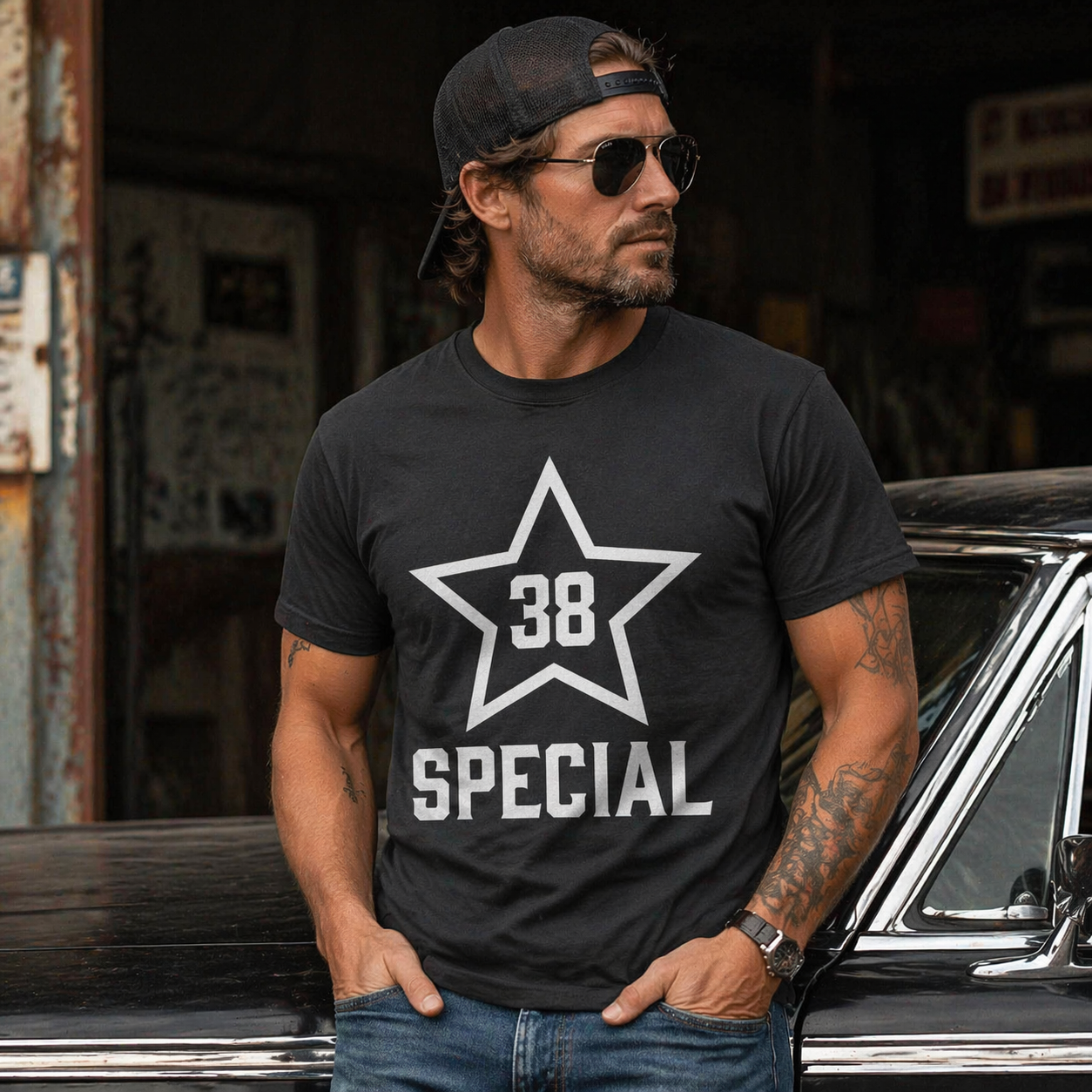 male model wearing 38 Special star logo t shirt black southern rock band tee lifestyle image