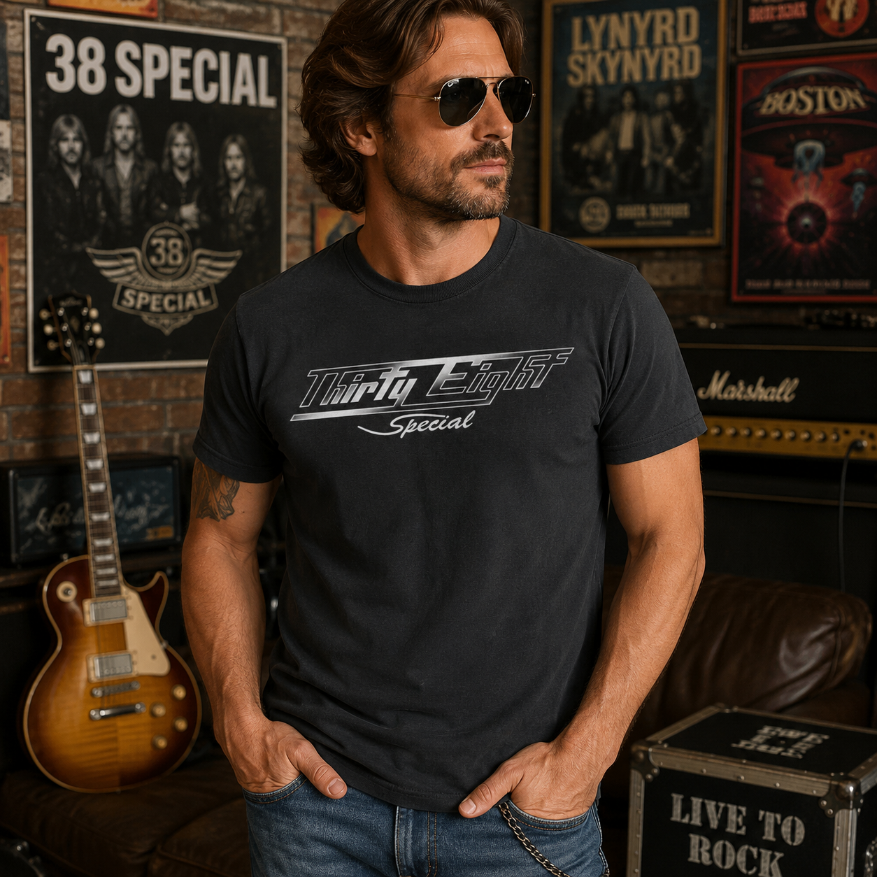 Male model wearing a 38 Special Thirty Eight Tee in a vintage rock music lounge featuring classic band posters, guitars, amplifiers, and Southern rock-inspired décor, showcasing officially licensed 38 Special band merchandise.
