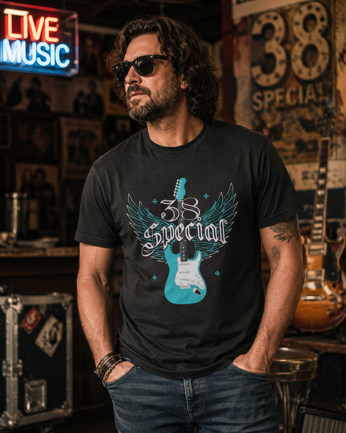 Male model wearing a 38 Special Winged Guitar T-Shirt in a rustic live music venue with guitars, vintage concert decor, and neon signs, showcasing Southern rock style and classic band merchandise.