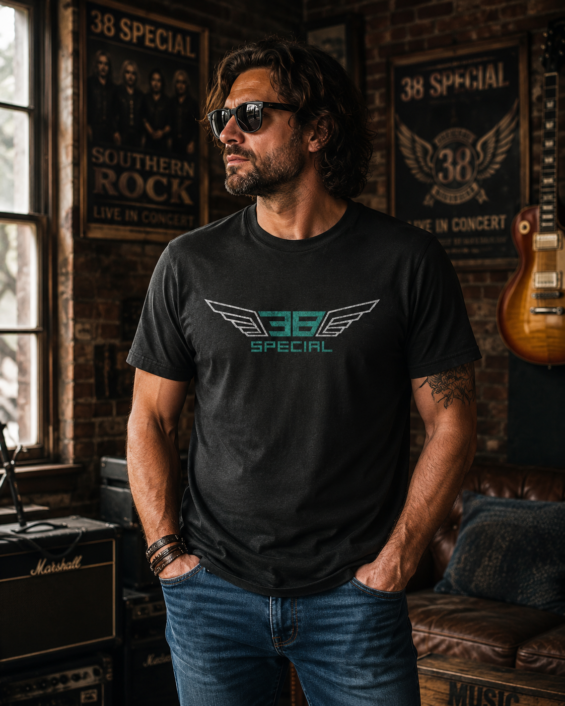Male model wearing a 38 Special Wings T-Shirt in a rustic Southern rock music lounge with vintage band posters, guitars, and amplifiers, showcasing officially licensed 38 Special band merchandise and classic rock style.