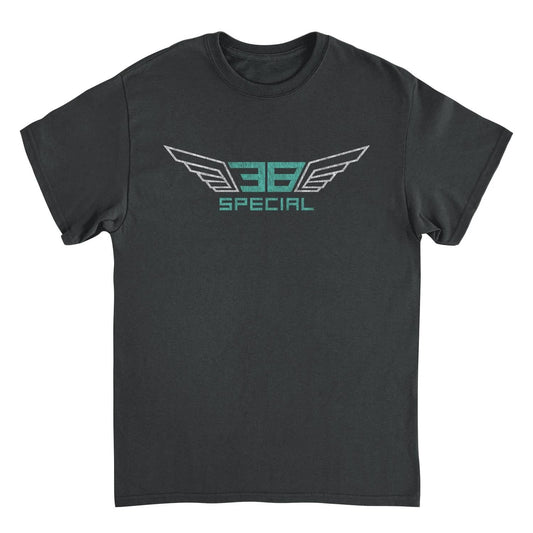 38 Special wings white and teal t shirt front graphic black tee southern rock band merch