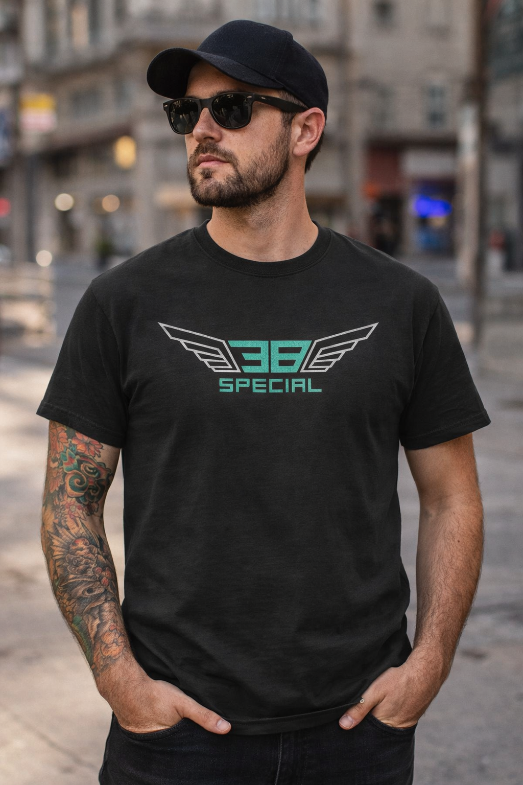 male model wearing 38 special wings white and teal t shirt black southern rock band tee lifestyle street style