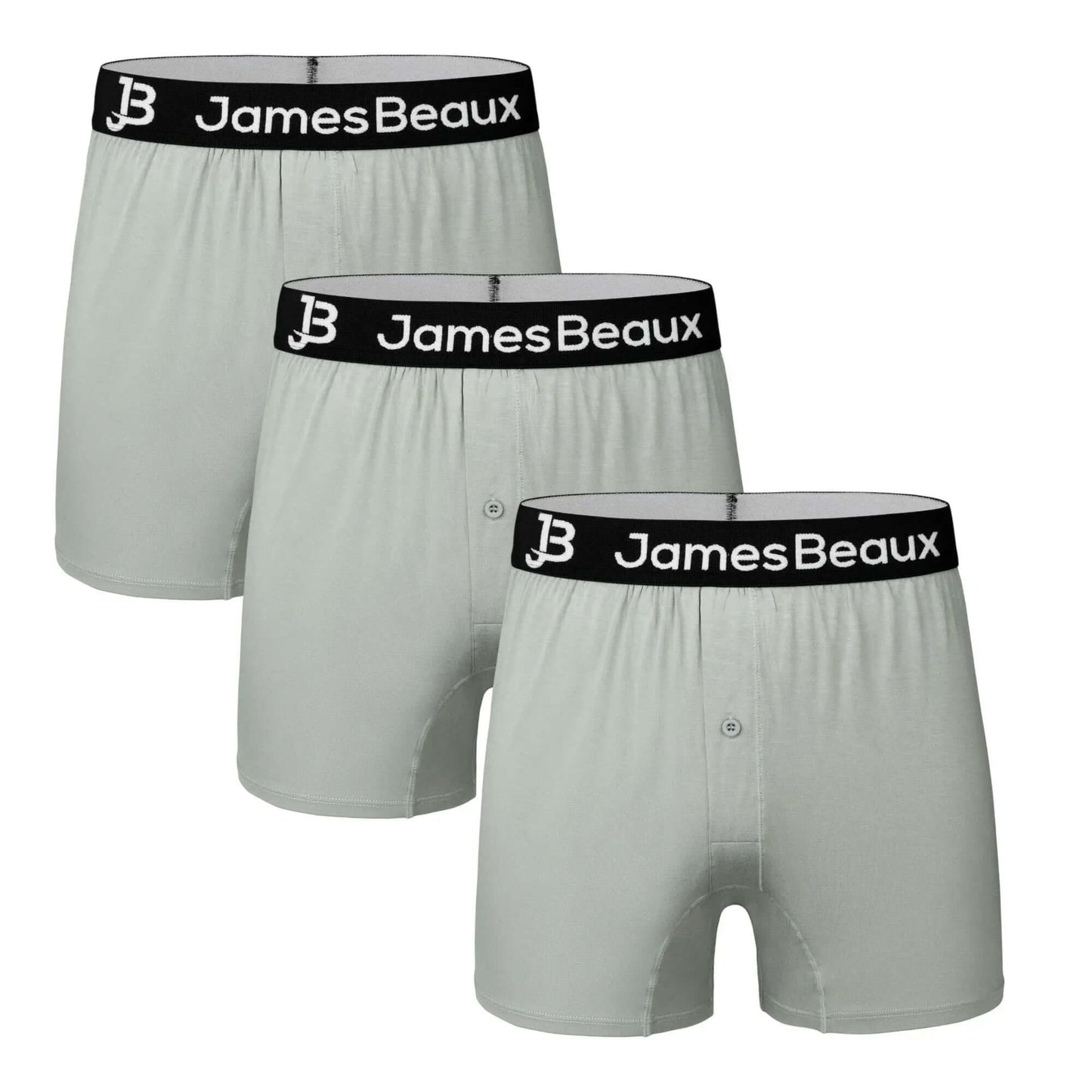 Three pairs of gray boxer briefs with 'JamesBeaux' branding on a white background