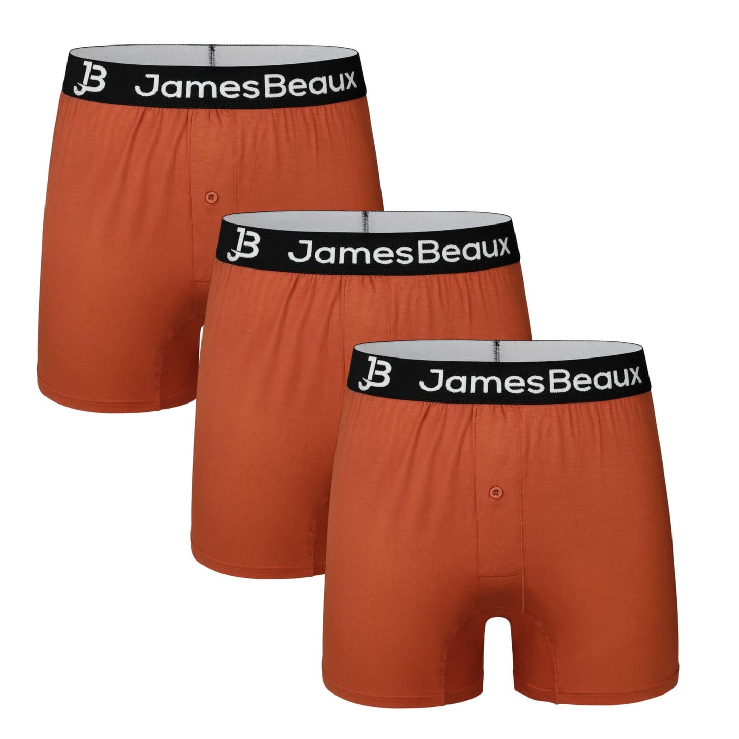Three pairs of orange boxer briefs with black waistbands featuring 'James Beaux' branding on a white background.