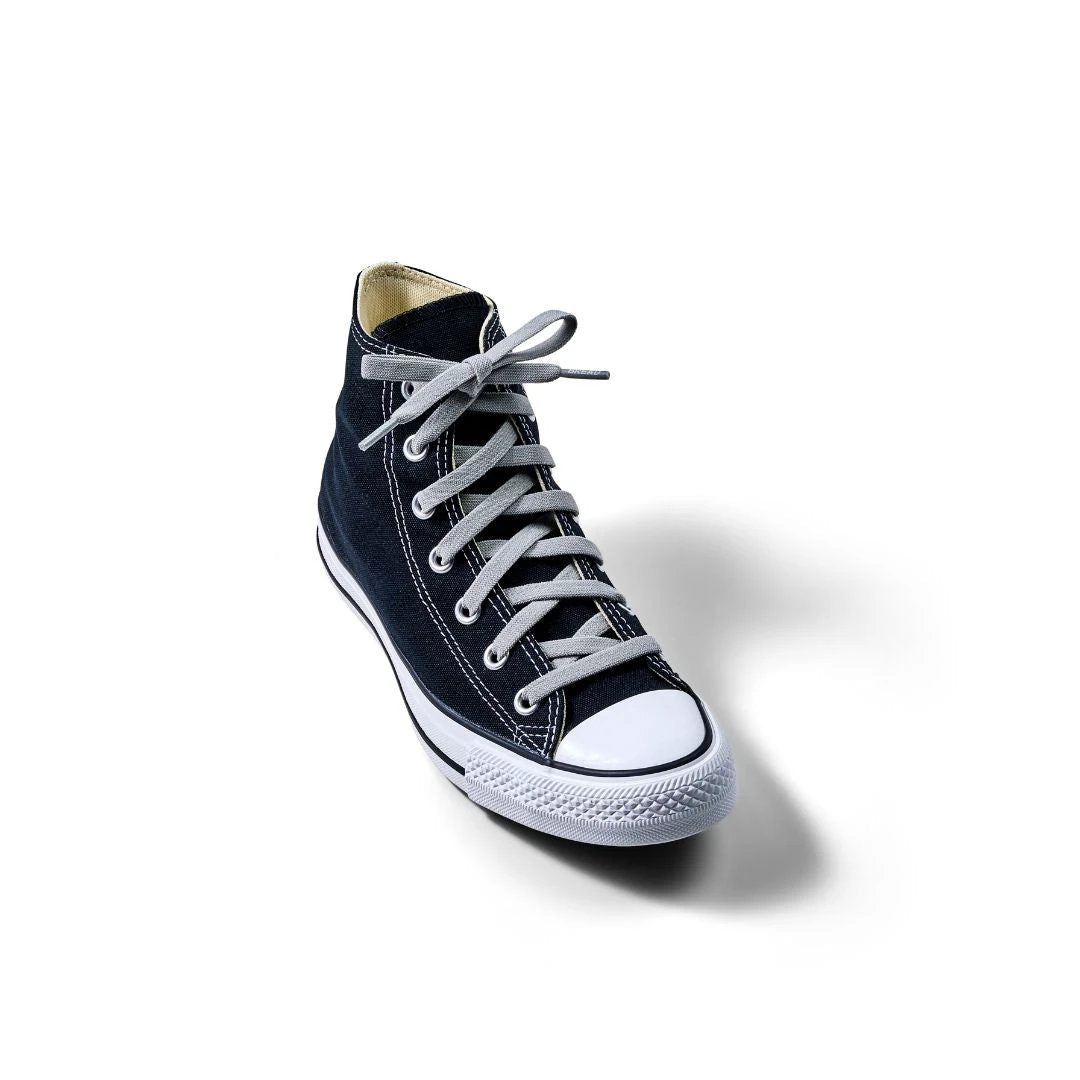 Navy high-top sneaker with white laces on a white background