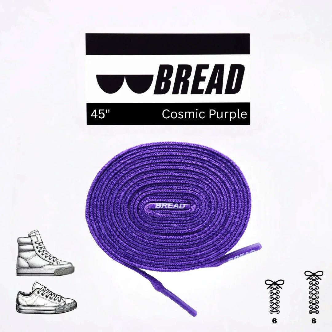 Purple shoelaces with 'BREAD' branding on a white background