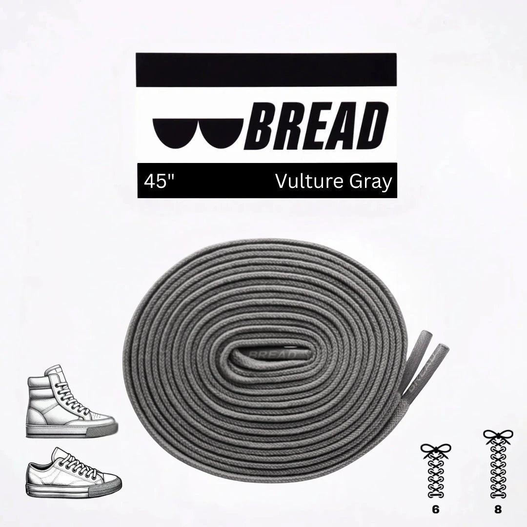 Gray shoelaces with 'BREAD' branding and product details on a white background