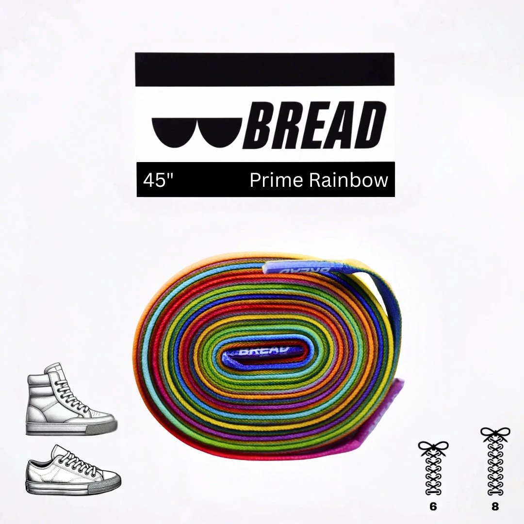 Colorful shoelace with 'BREAD' branding on a white background