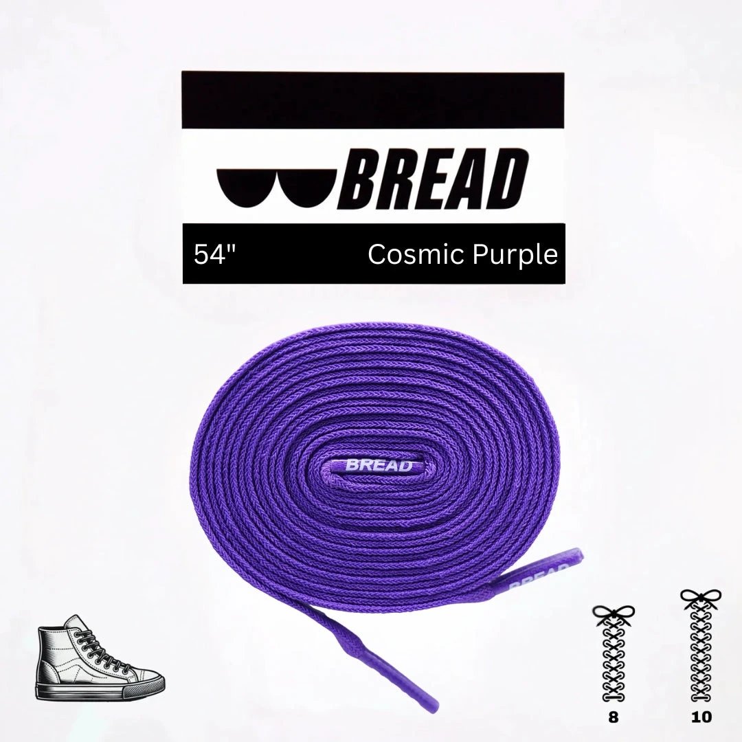 Purple shoelaces with 'BREAD' branding on a white background
