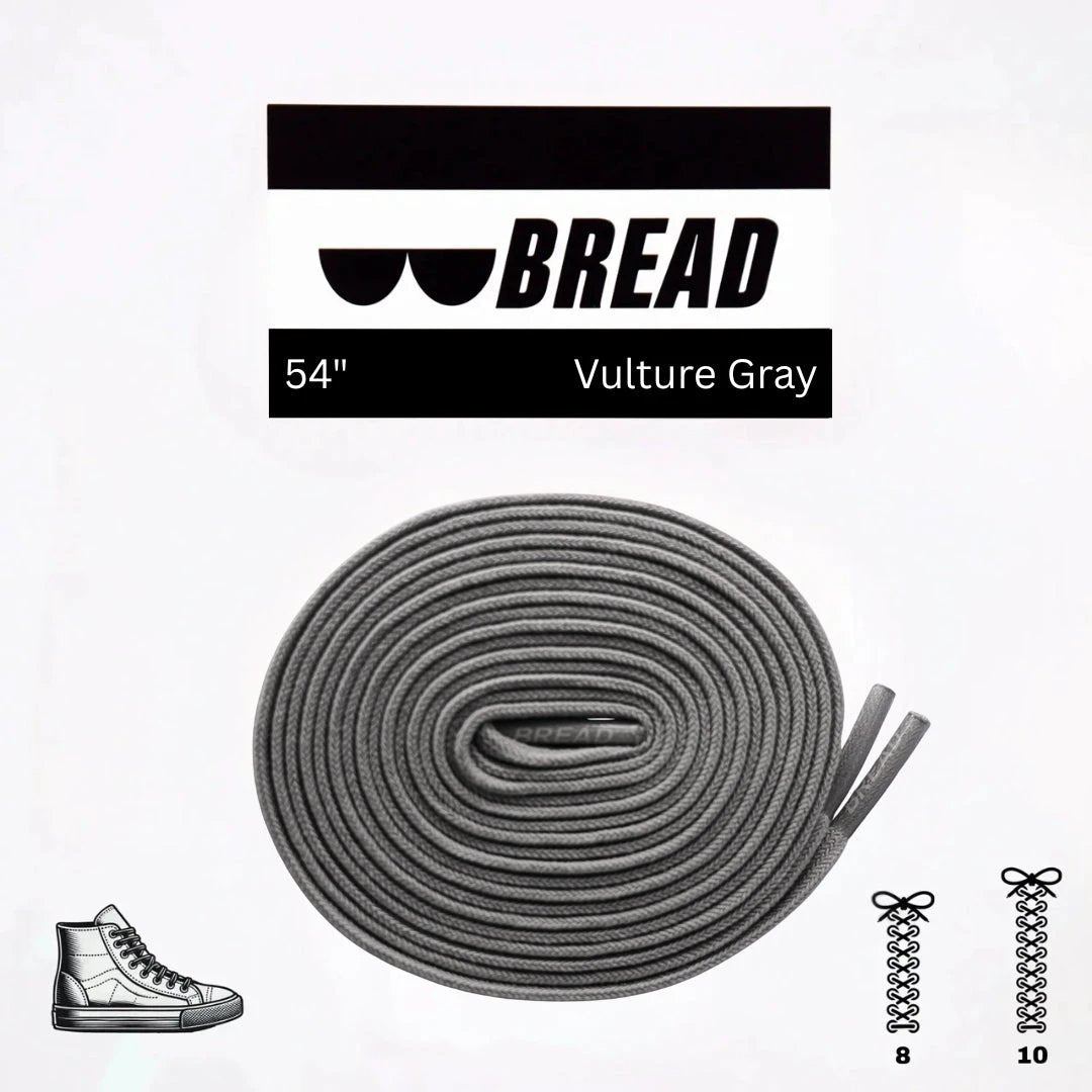 Gray shoelace with 'BREAD' branding and product details on a white background