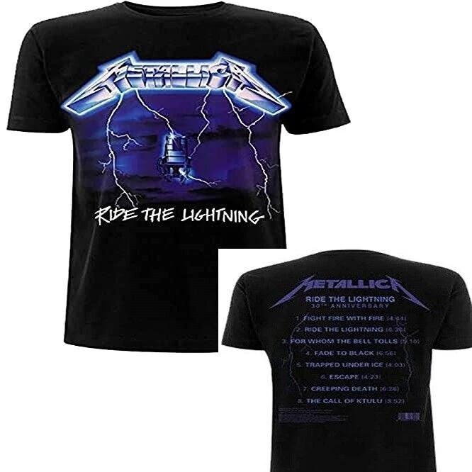 Metallica Ride the Lightning t-shirt front and back view featuring electric chair album artwork and tracklist design on black band tee