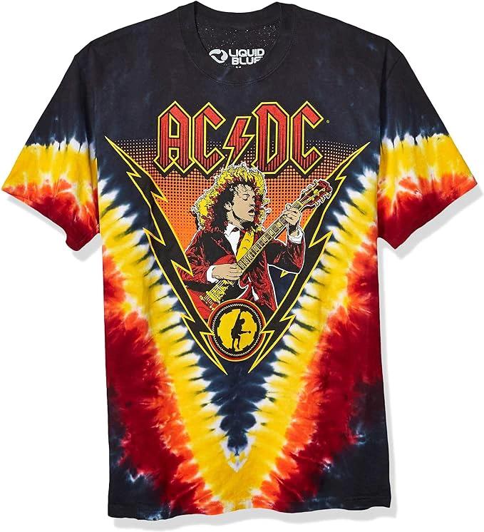 AC/DC Angus Young tie-dye rock band T-shirt featuring Angus playing guitar – official Liquid Blue graphic tee