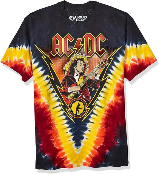 Tie-dye t-shirt with AC/DC graphic design on a white background