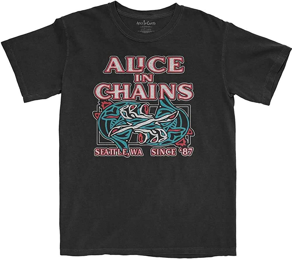 Black t-shirt with Alice in Chains graphic design on a white background