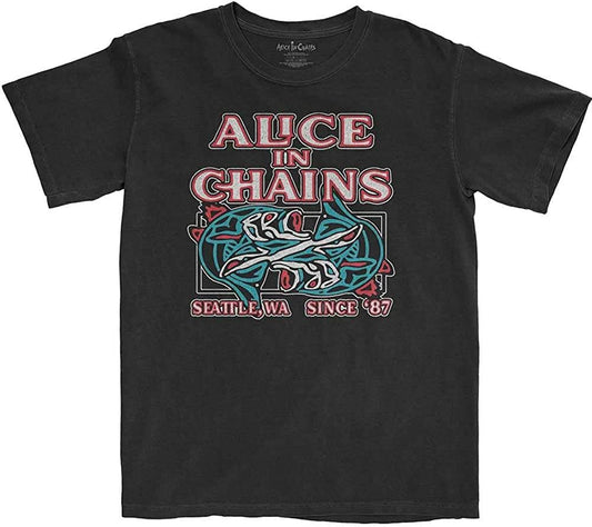 Black t-shirt with Alice in Chains graphic design on a white background
