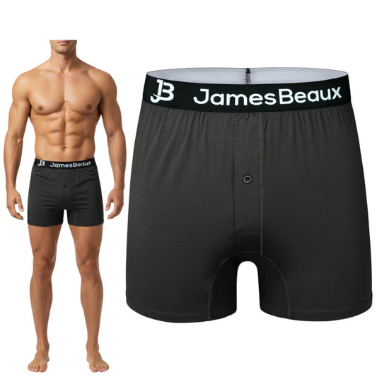 Black men's underwear with 'JamesBeaux' waistband on a white background