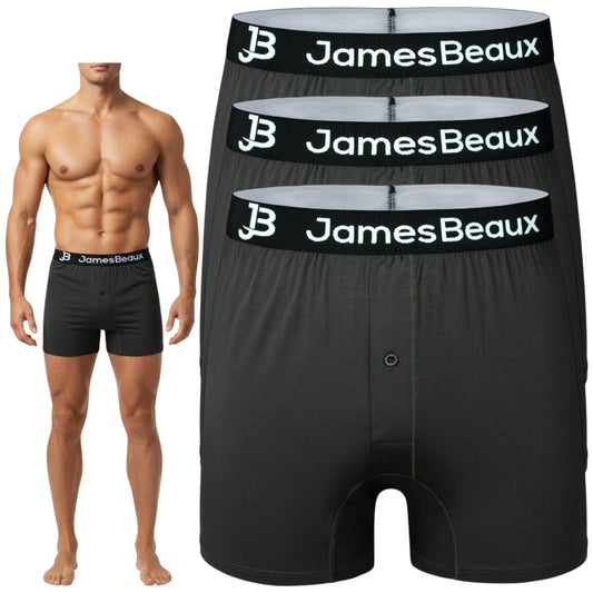 Man wearing black James Beaux boxer briefs with three additional pairs displayed.
