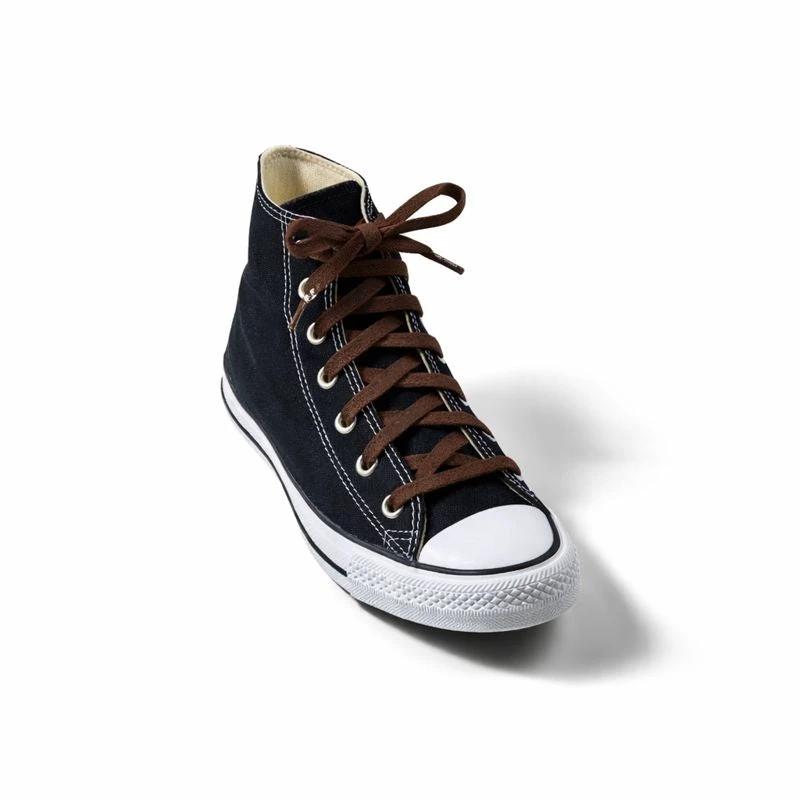Black high top sneaker with rich brown Bread Laces stretchy shoelaces installed