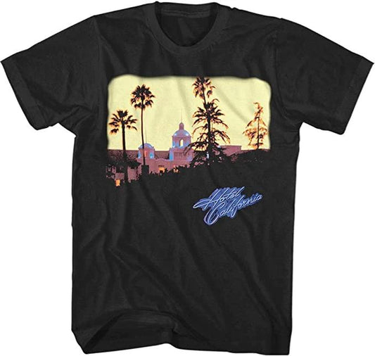 Officially licensed Eagles “Hotel California” men’s T-shirt featuring classic rock album artwork