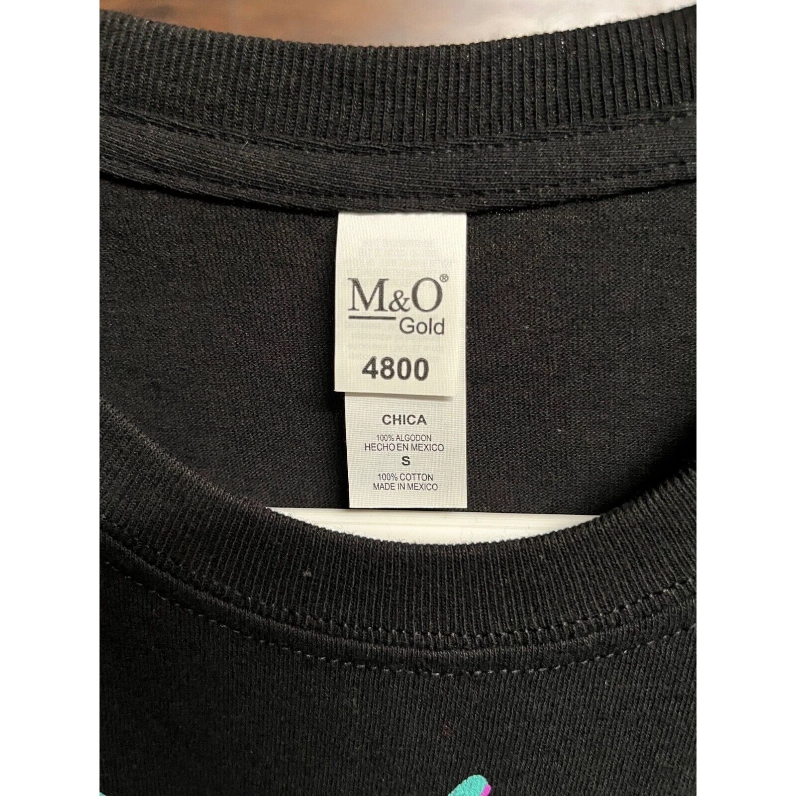 Jane’s Addiction T-shirt label M&O Gold 4800 black cotton shirt tag size small made in Mexico