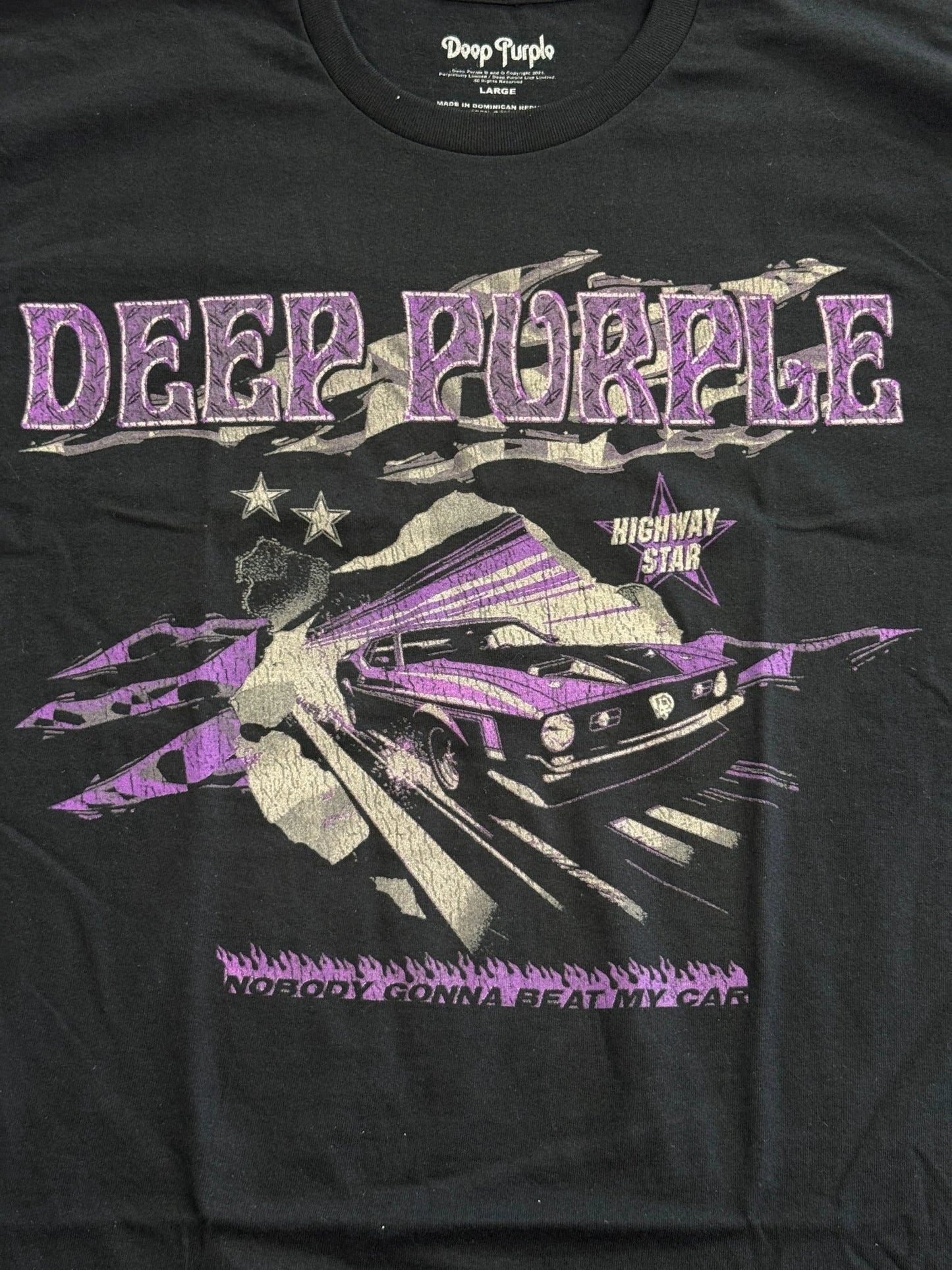Black t-shirt with Deep Purple graphic design featuring a car and 'Highway Star' text.