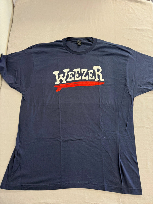 Official Weezer men’s T-shirt featuring Surfboard single artwork with a classic single fin surfboard design