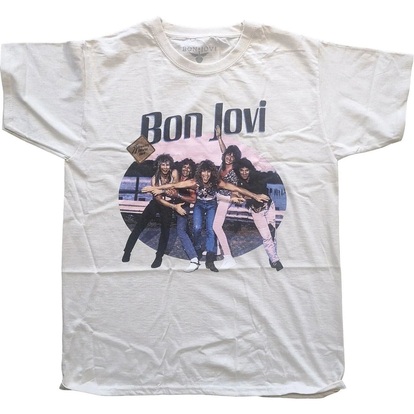 White t-shirt with Bon Jovi band graphic on a white background