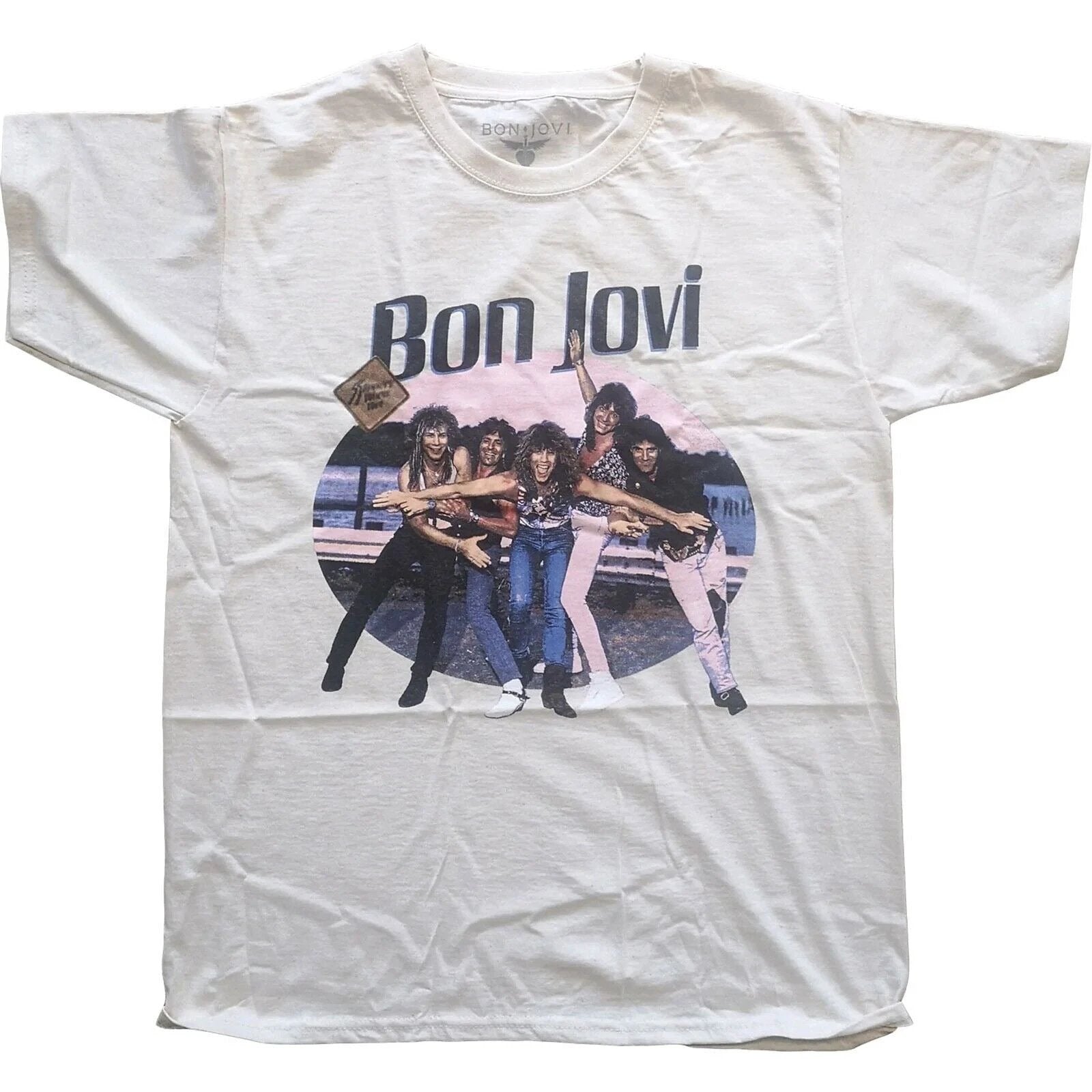 White t-shirt with Bon Jovi band graphic on a white background