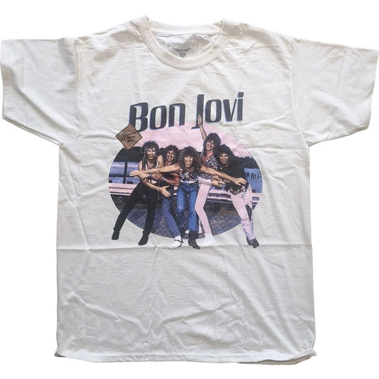 White t-shirt with Bon Jovi band graphic on a white background