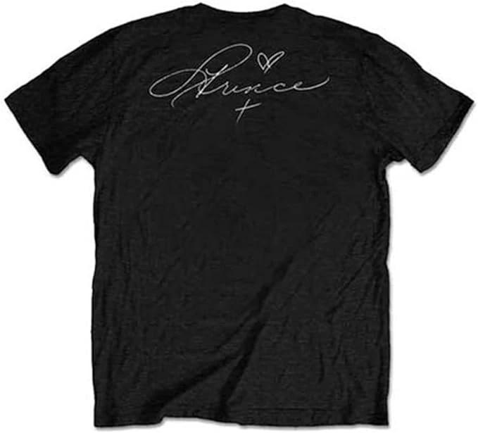 Black t-shirt with 'Prince' signature on a white background