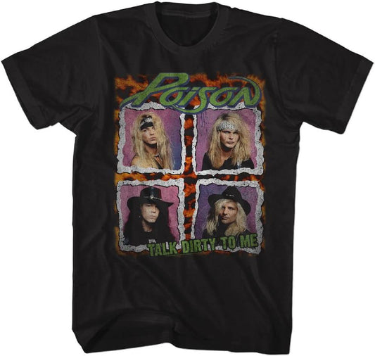 Black t-shirt with 'Poison' band members and 'Talk Dirty to Me' text on a white background