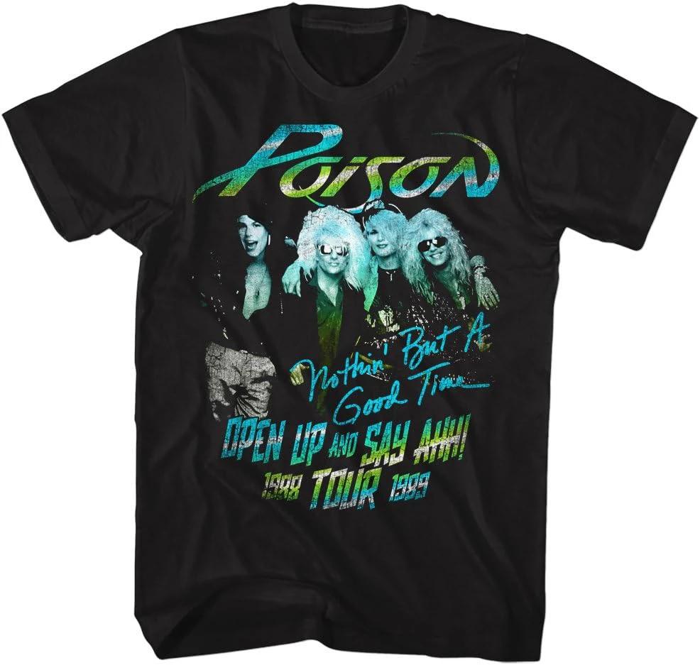 Black t-shirt with 'Poison' band graphic and text on a white background