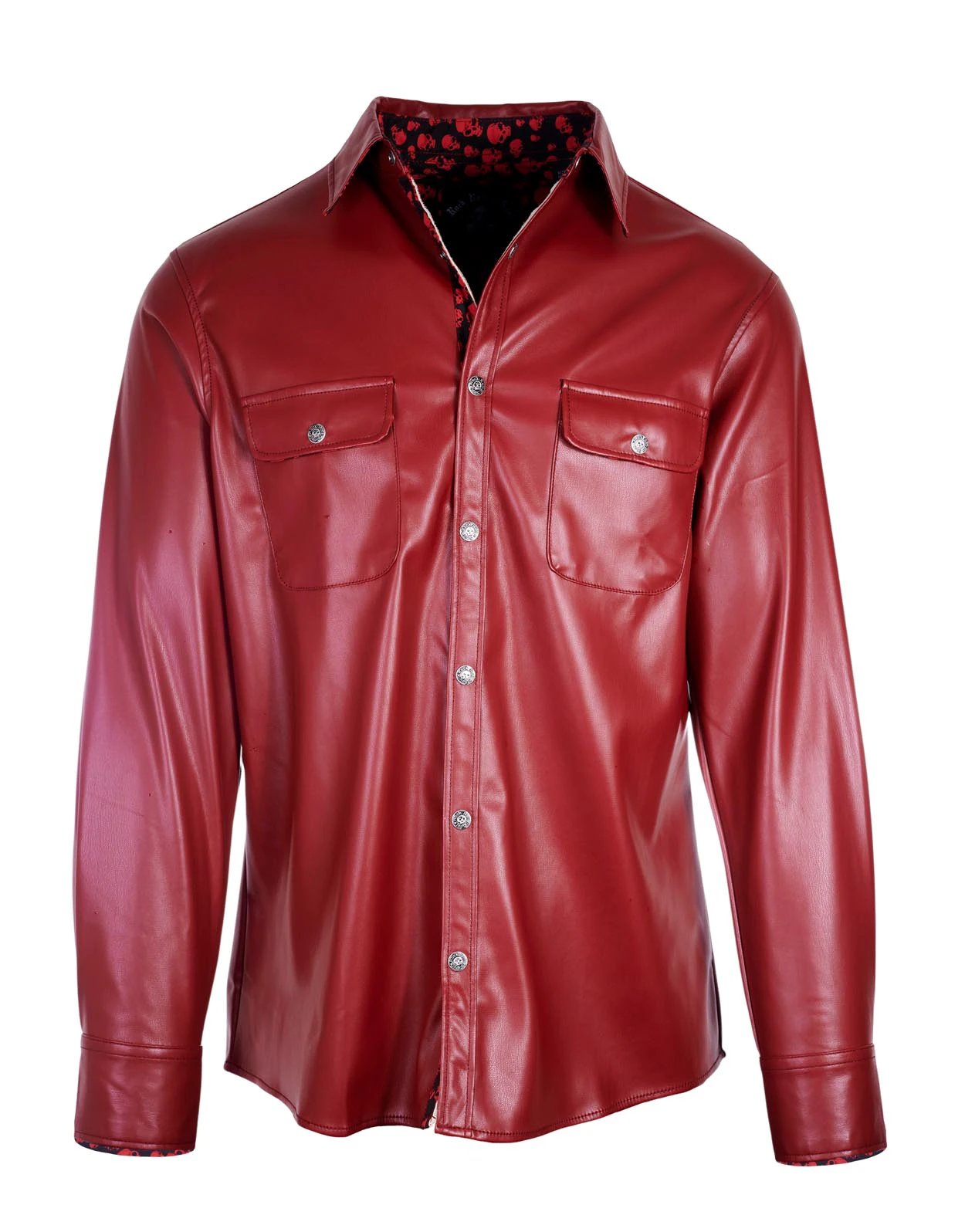 Hell Bent for Leather burgundy faux leather shirt jacket front view with skull contrast cuff fabric and silver skull snap buttons.