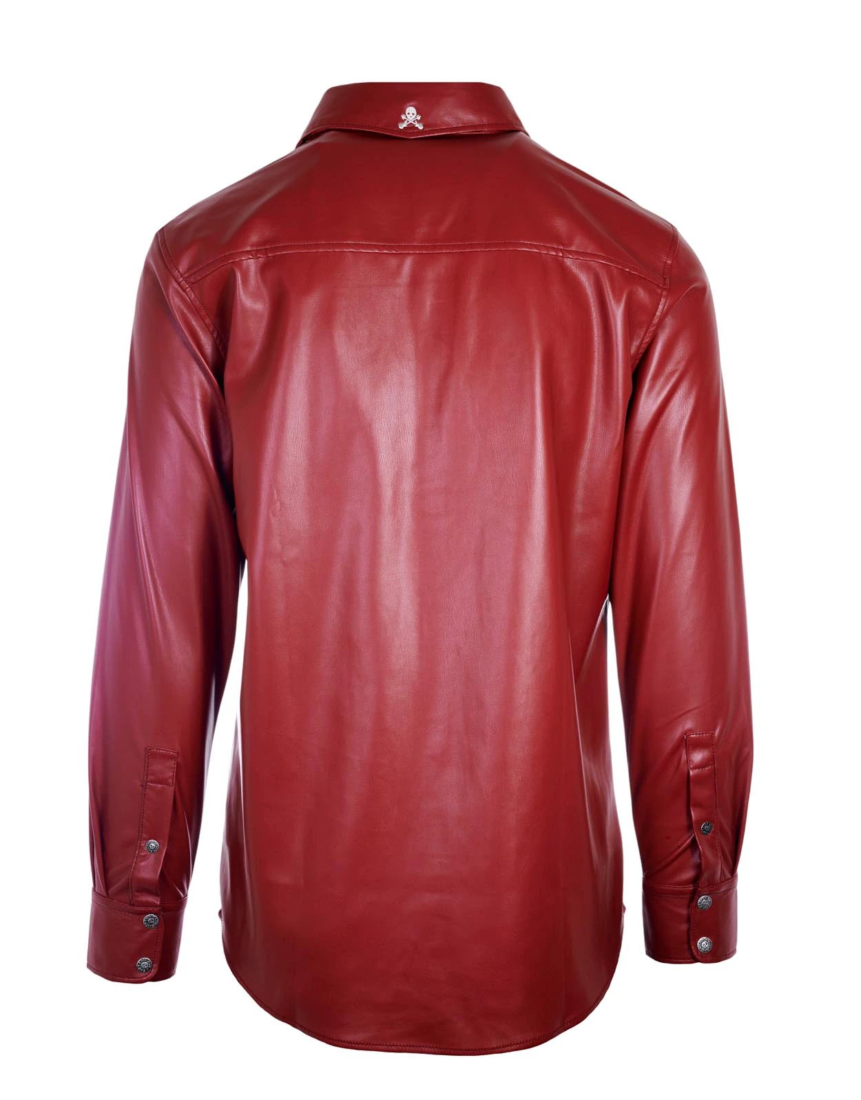 Hell Bent for Leather burgundy faux leather shirt jacket back view with skull pattern contrast collar lining and matte burgundy finish.