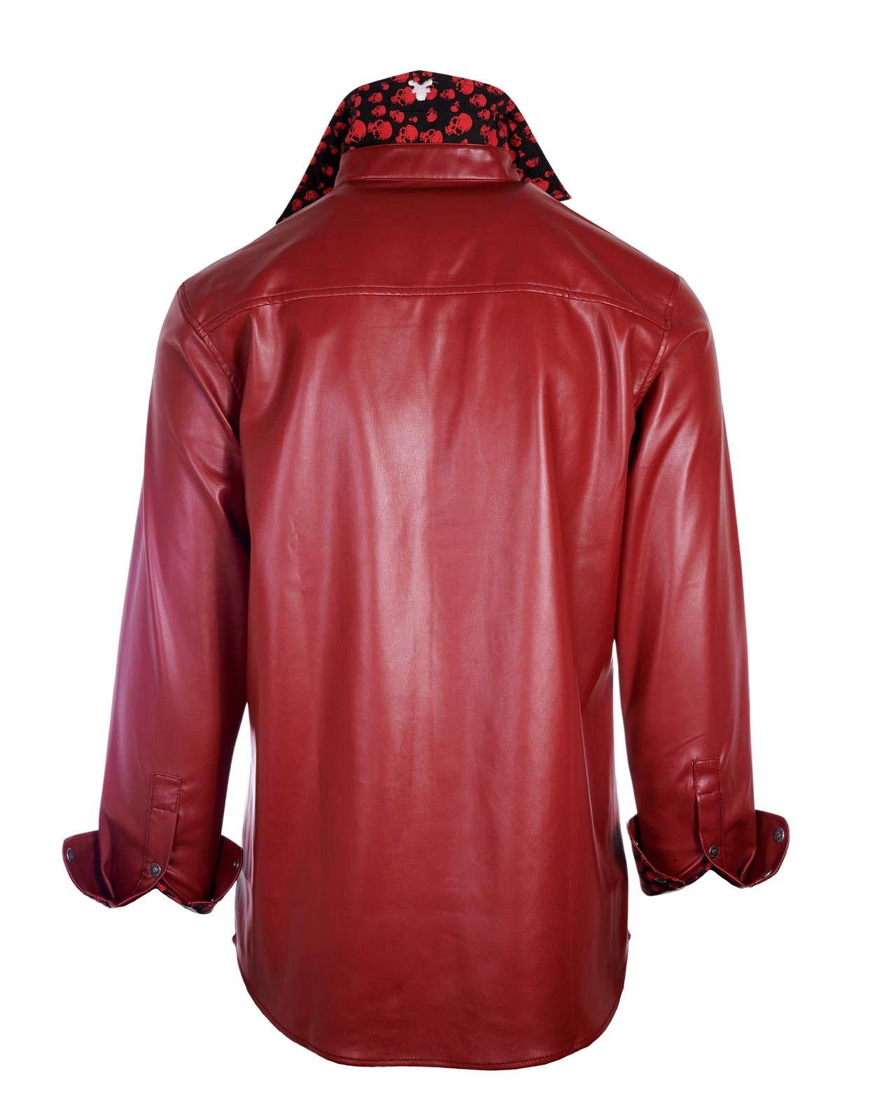 Hell Bent for Leather burgundy faux leather shirt jacket back view with matte burgundy finish and rock-inspired design.