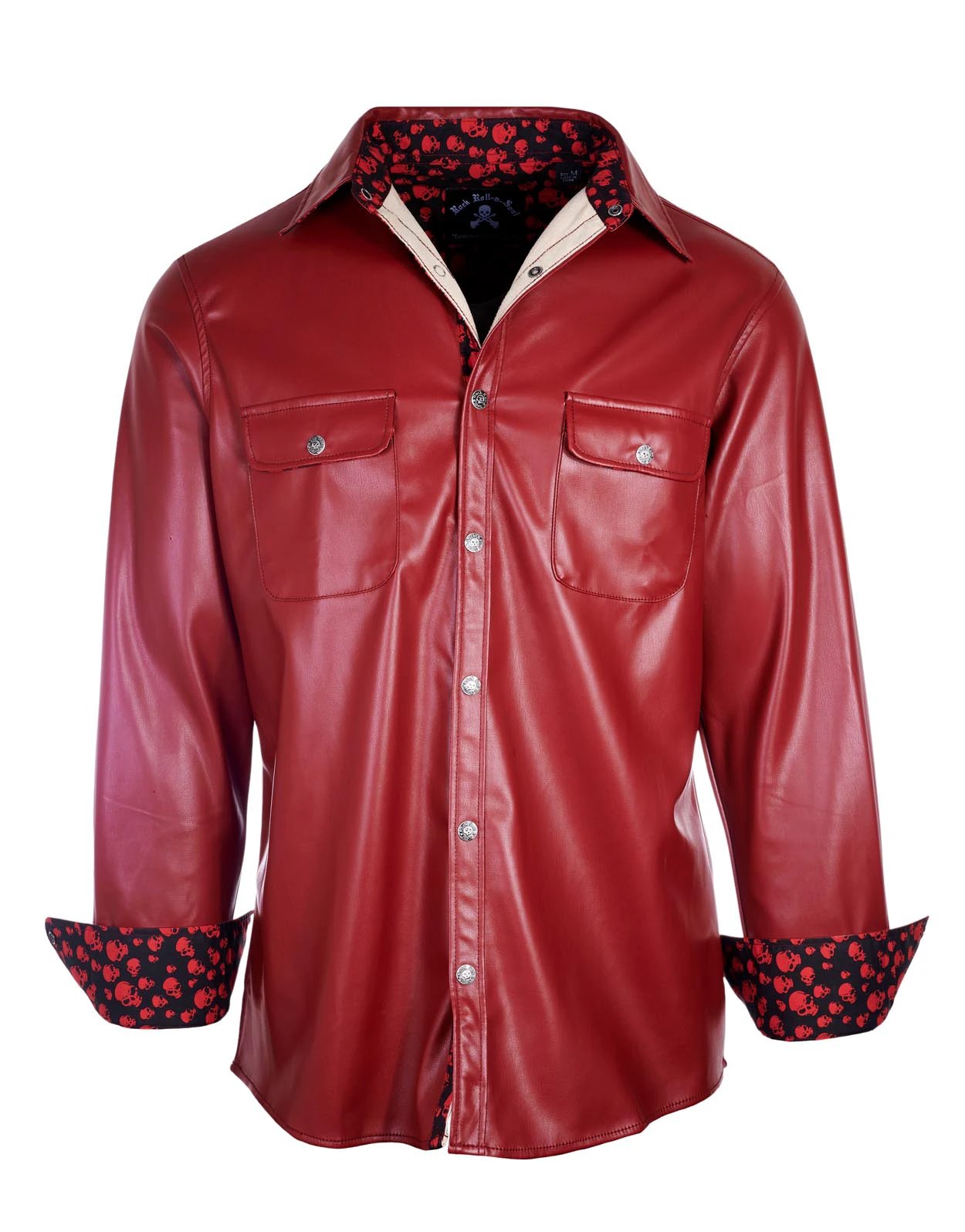 Hell Bent for Leather burgundy faux leather shirt jacket front view featuring silver skull snap buttons and dual chest pockets.