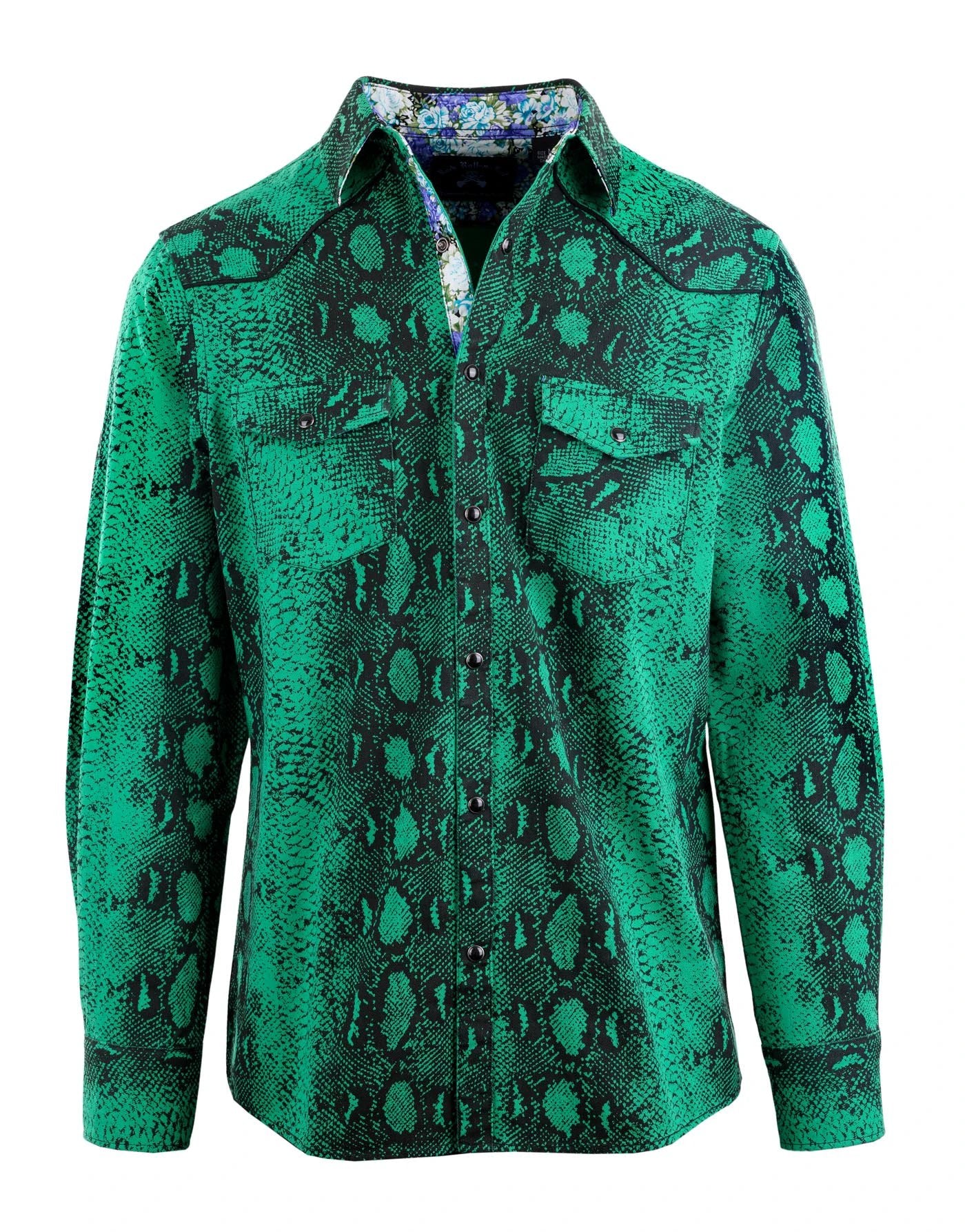 front full view lizard king green snake print button-up shirt long sleeve rock fashion shirt