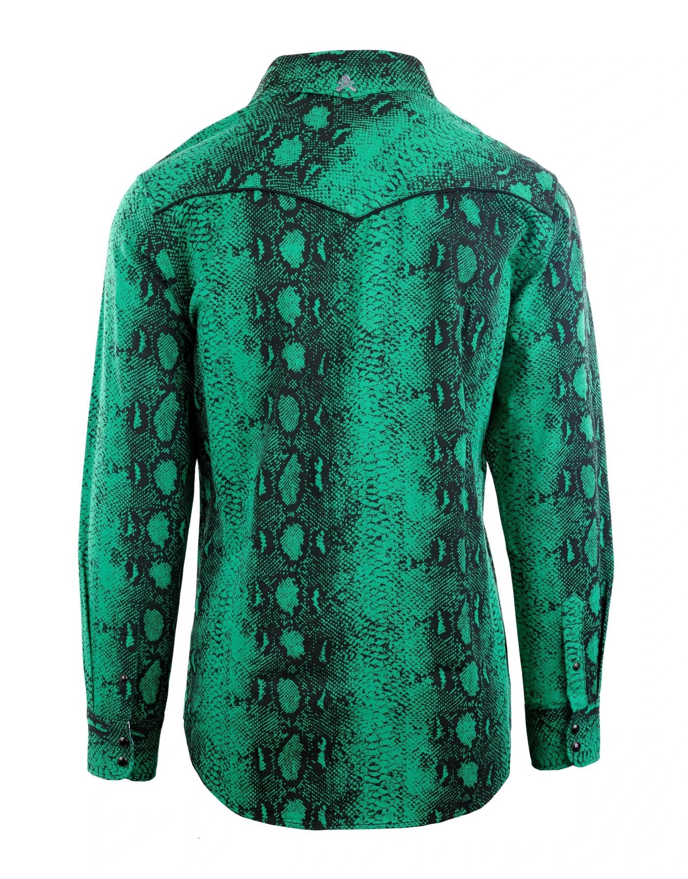 rear full view of green snake print lizard king button-up shirt long sleeve rock style apparel