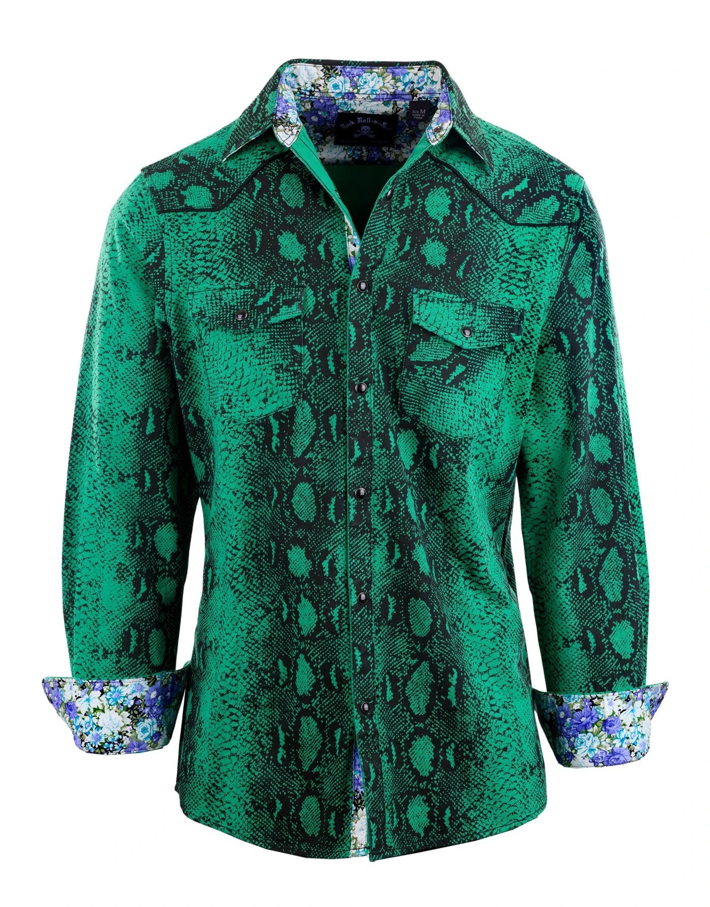 front view of lizard king green snake print button-up shirt with floral cuffs rock inspired fashion shirt