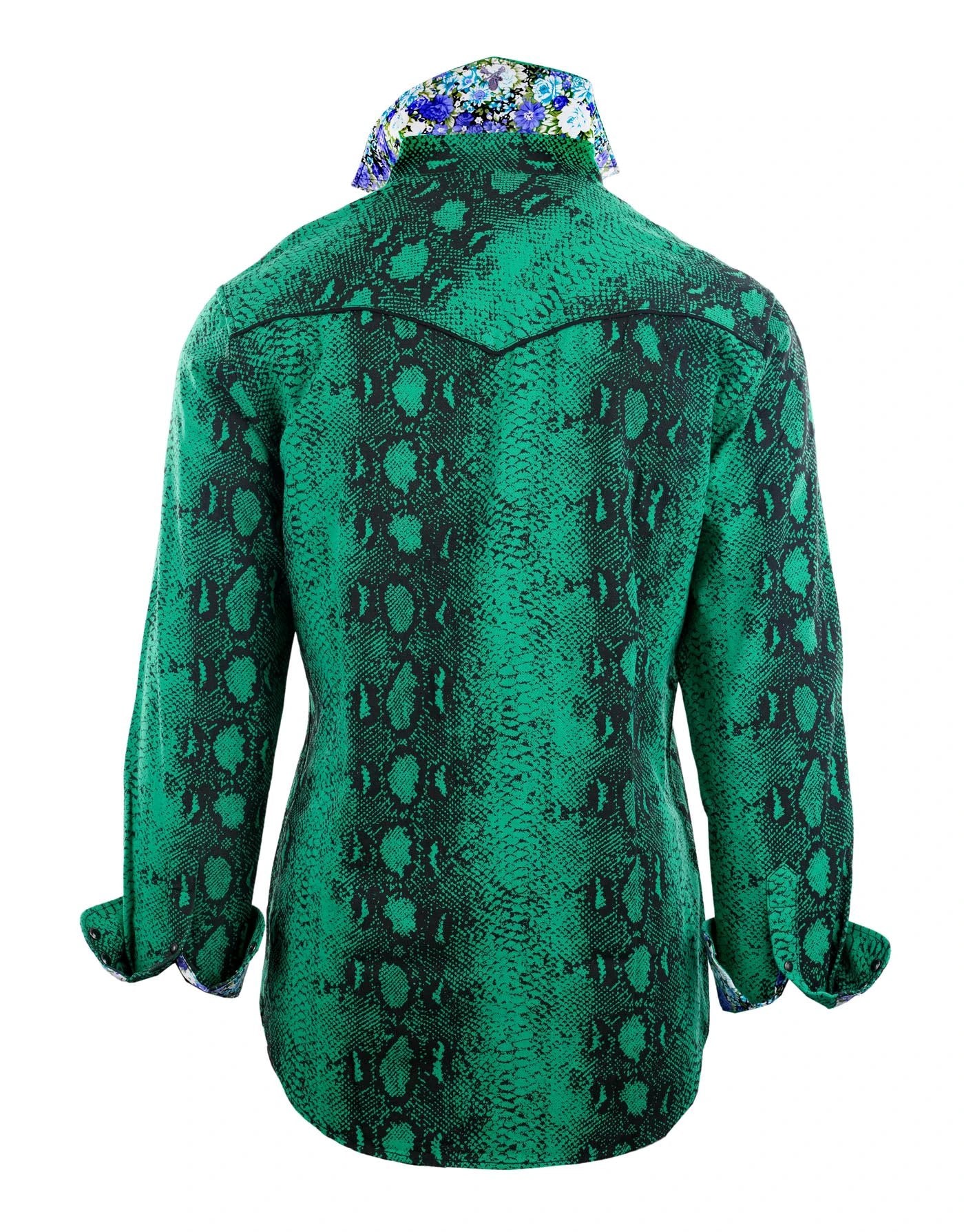 back view of lizard king green snake print button-up shirt with floral contrast cuffs rock style fashion