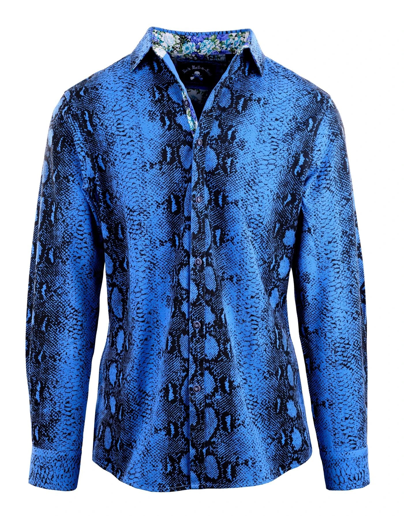 Lizard King Blue faux snake pattern men’s button-up shirt with floral contrast collar and premium cotton fabric