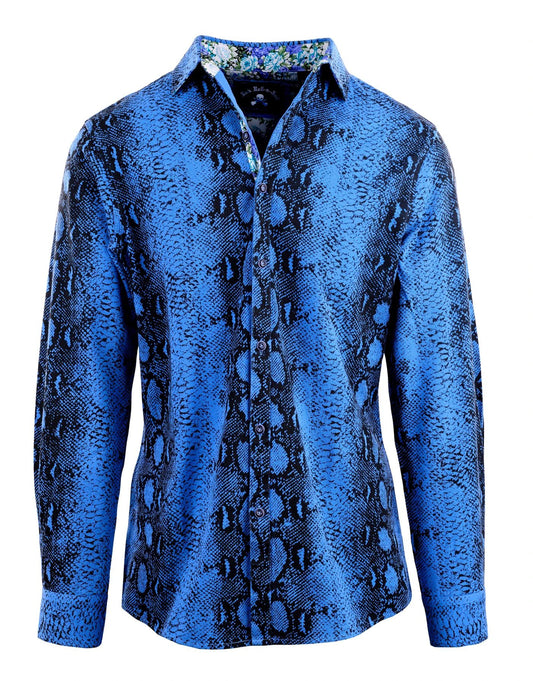 Lizard King Blue faux snake pattern men’s button-up shirt with floral contrast collar and premium cotton fabric