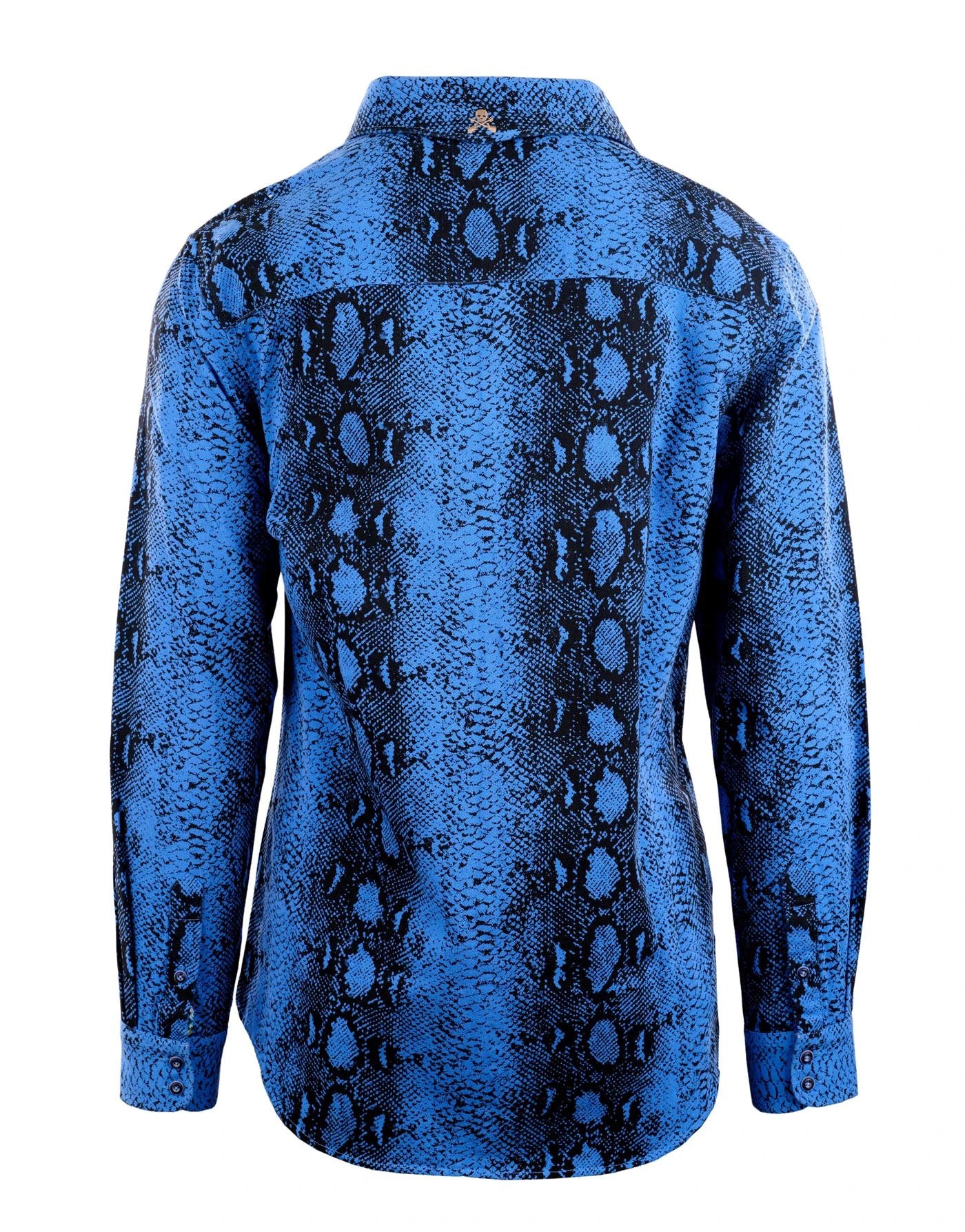 Back view of Lizard King Blue sublimated faux snake pattern premium cotton button-up shirt