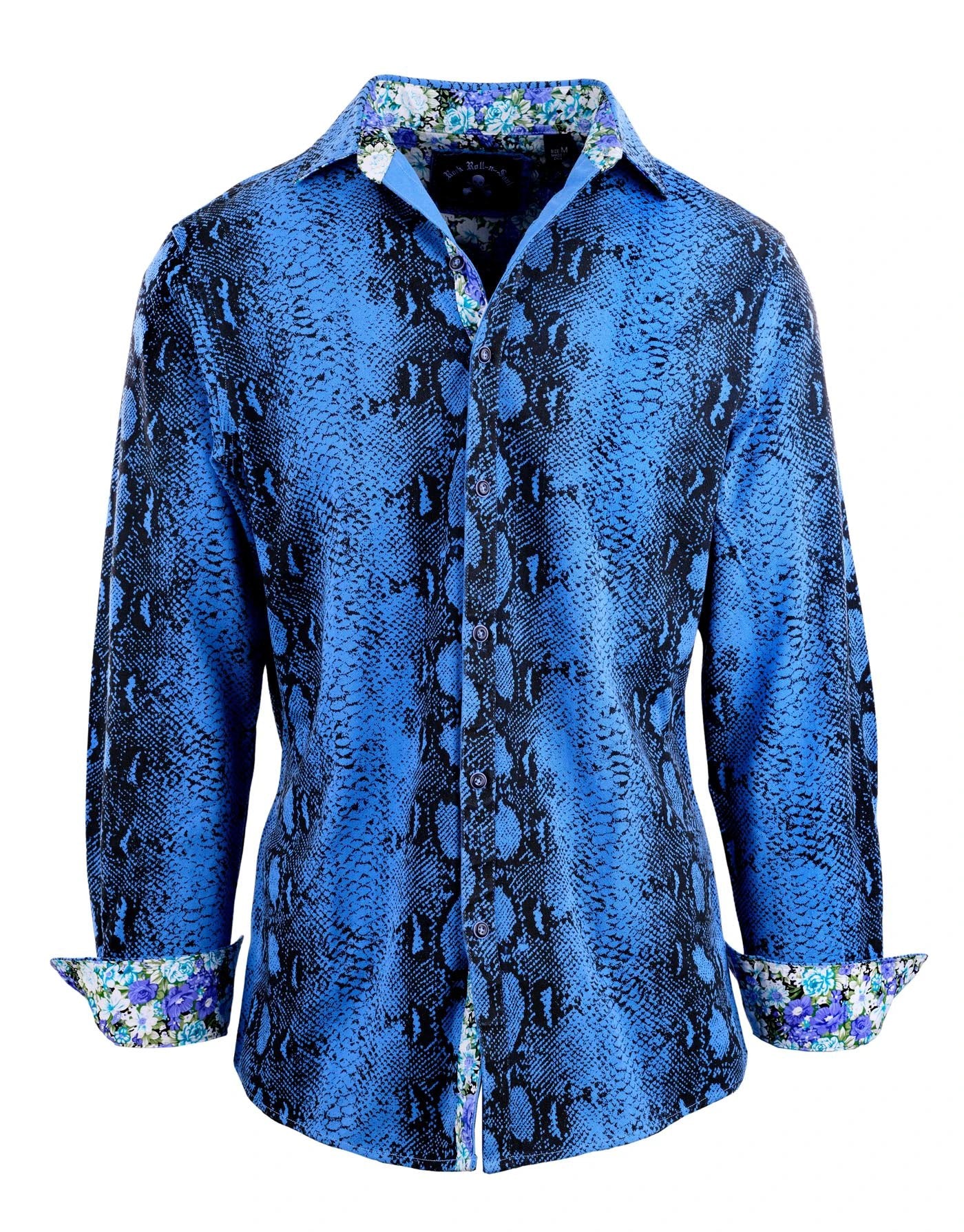 Lizard King Blue faux snake button-up shirt with cuffs rolled up revealing floral contrast lining